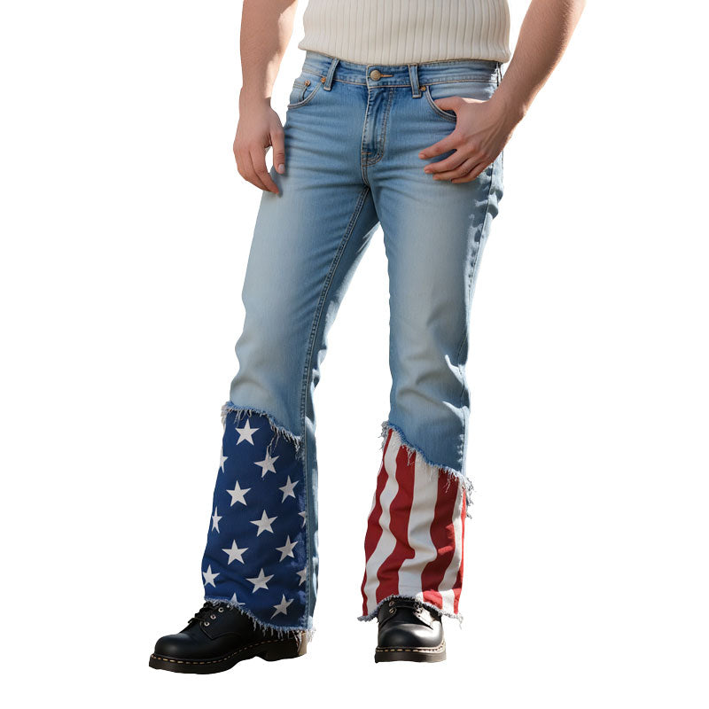 Men's Patchwork Star Striped Pattern Frayed Hem Jeans 250500643