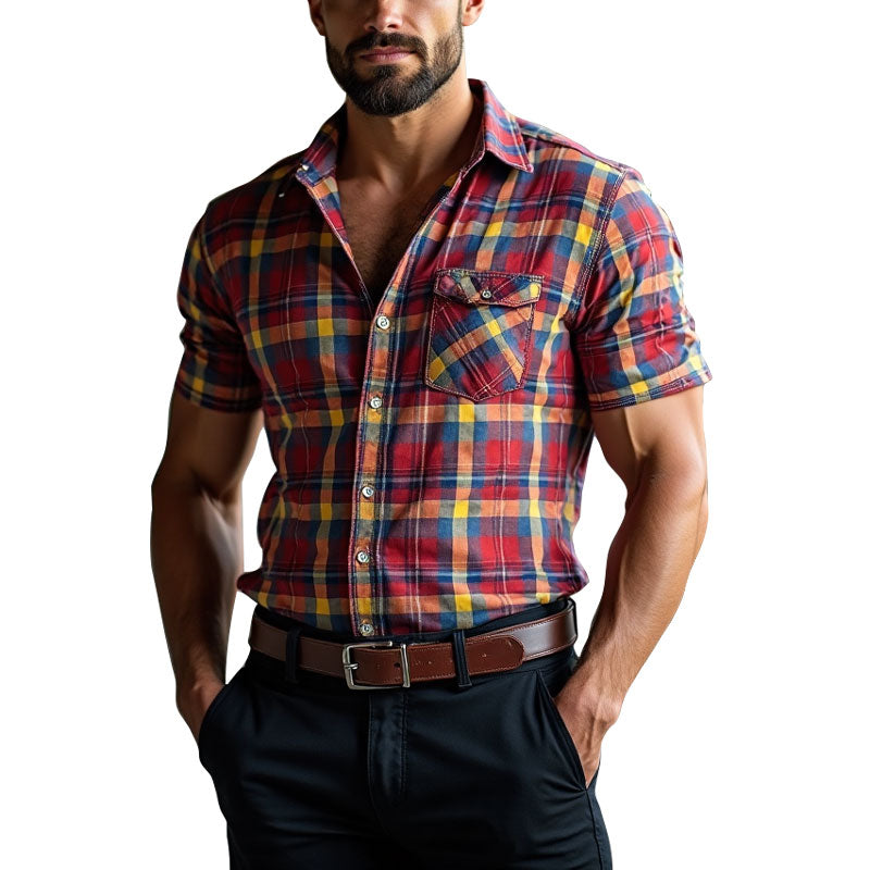 Men's Plaid Pattern Short Sleeve Chest Pocket Lapel Shirt 250700079