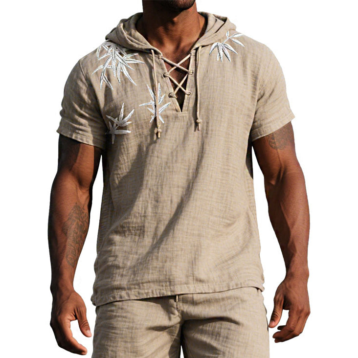 Men's Bamboo Pattern Embroidery Short Sleeve V Neck Hooded T-shirt 9956074455224