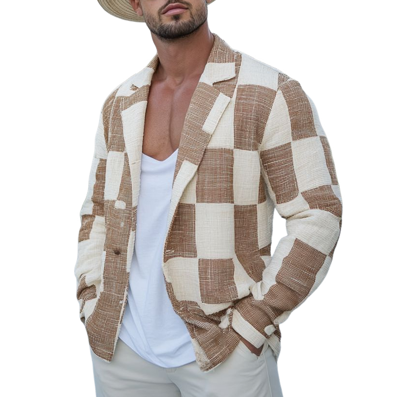 Men's Fashion Plaid Cotton and Linen Lapel Single Breasted Blazer 9893974442168