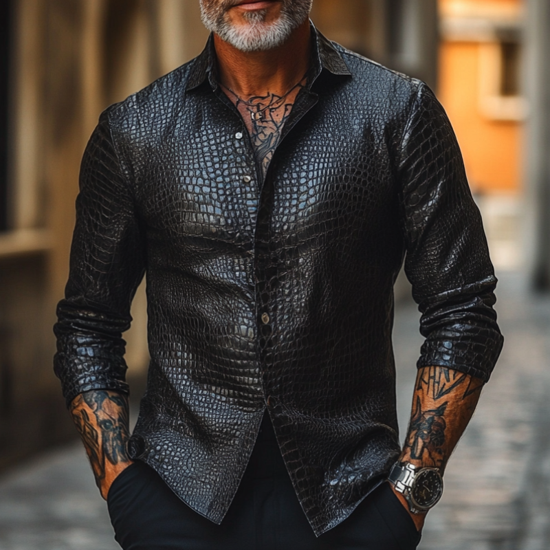 Men's Casual Slim Fit Lapel Crocodile Print Leather Long Sleeve Shirt 9901319225528