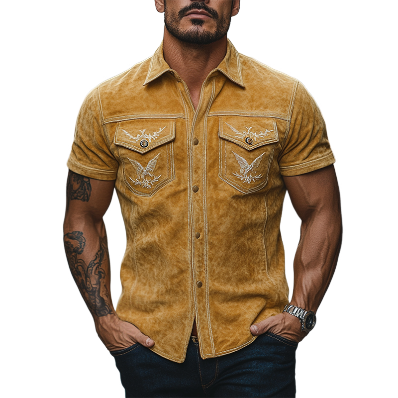 Men's Classic Retro Western Embroidered Slim Fit Suede Short Sleeve Shirt 9903595159736