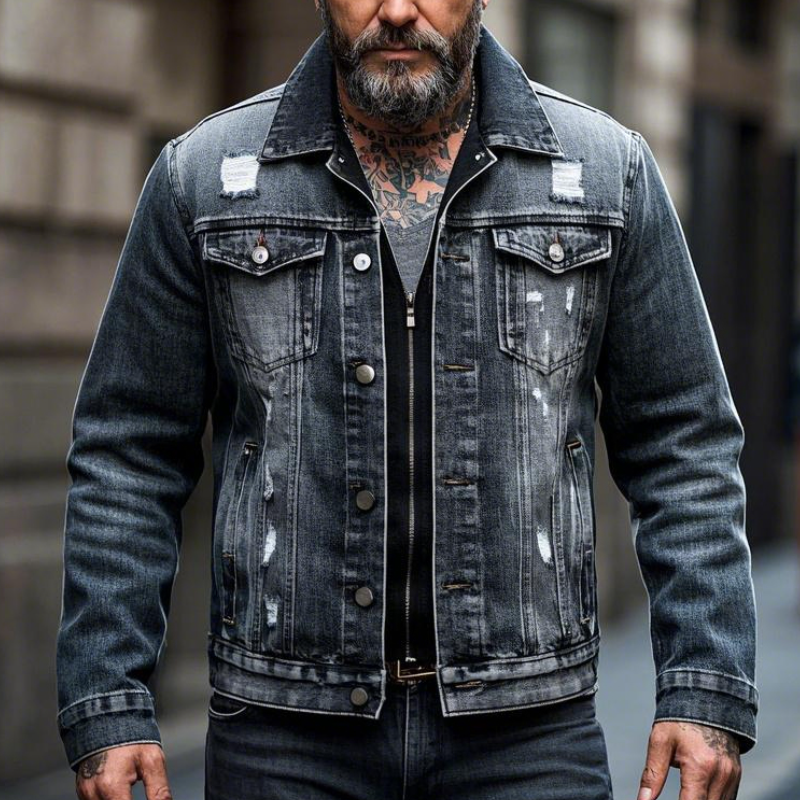 Men's Retro Casual Lapel Ripped Denim Jacket 9903595716792