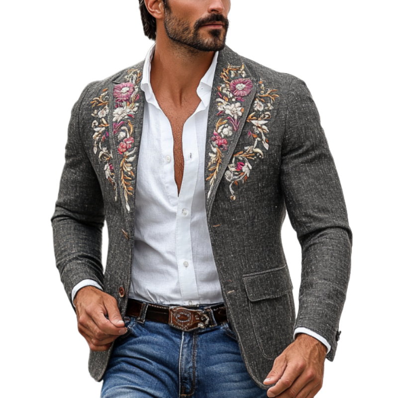 Men's Vintage Classic Slim Fit Rose Embroidered Linen Blazer 9892391911608