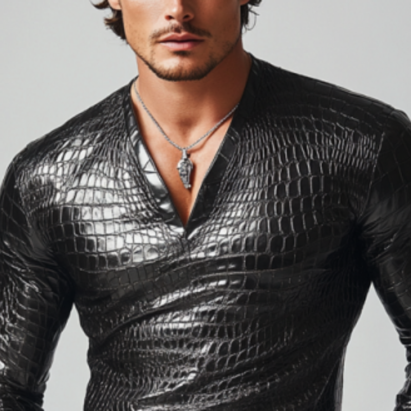 Men's Retro Fashion Slim Fit V-Neck Textured Leather Long Sleeve T-Shirt 9899713265848