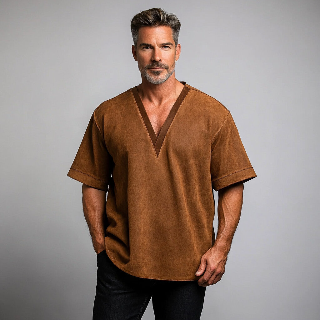 Men's Suede Solid V Neck Short Sleeve T-Shirt 9903587786936