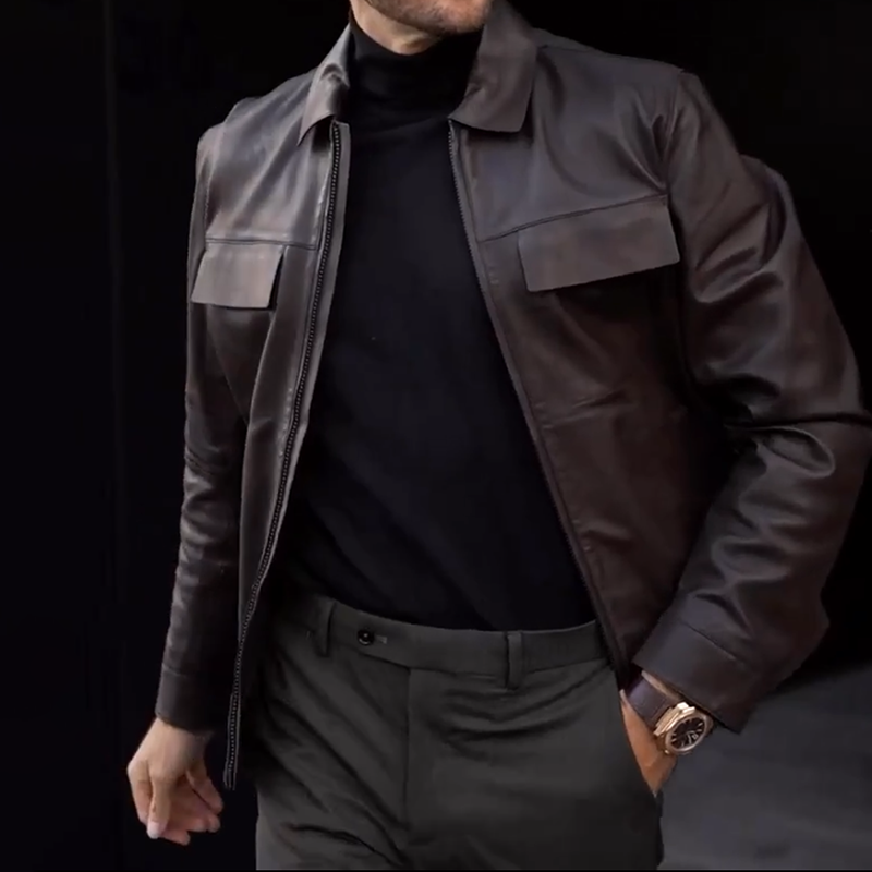 Men's Leather Polo Collar Zippered Jacket 9885797253304