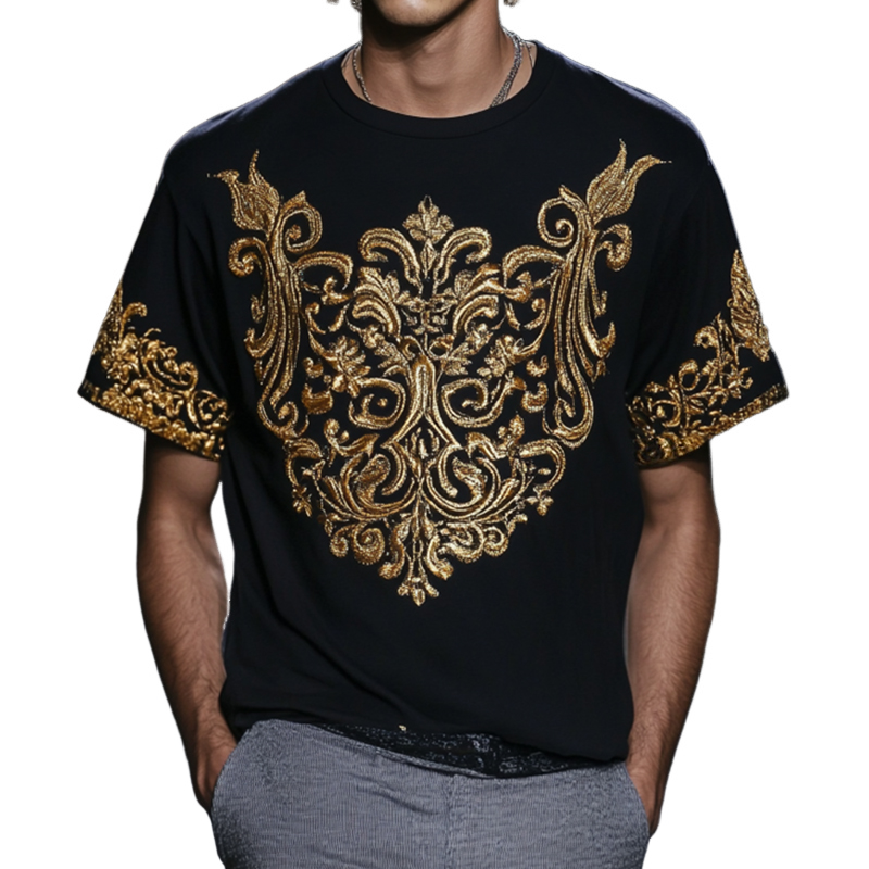 Men's Retro Casual Baroque Embroidery Round Neck Short Sleeve T-Shirt 9904628924600