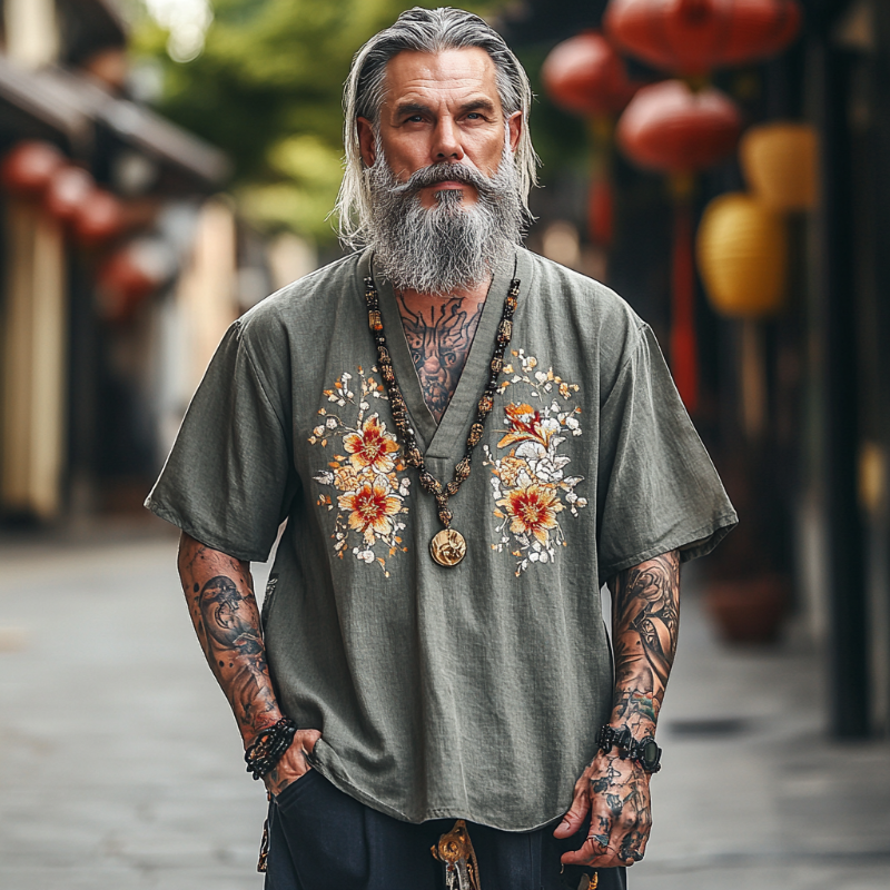 Men's Casual Vintage V-neck Cotton Blend Embroidered Short-sleeved T-shirt 9912946426040