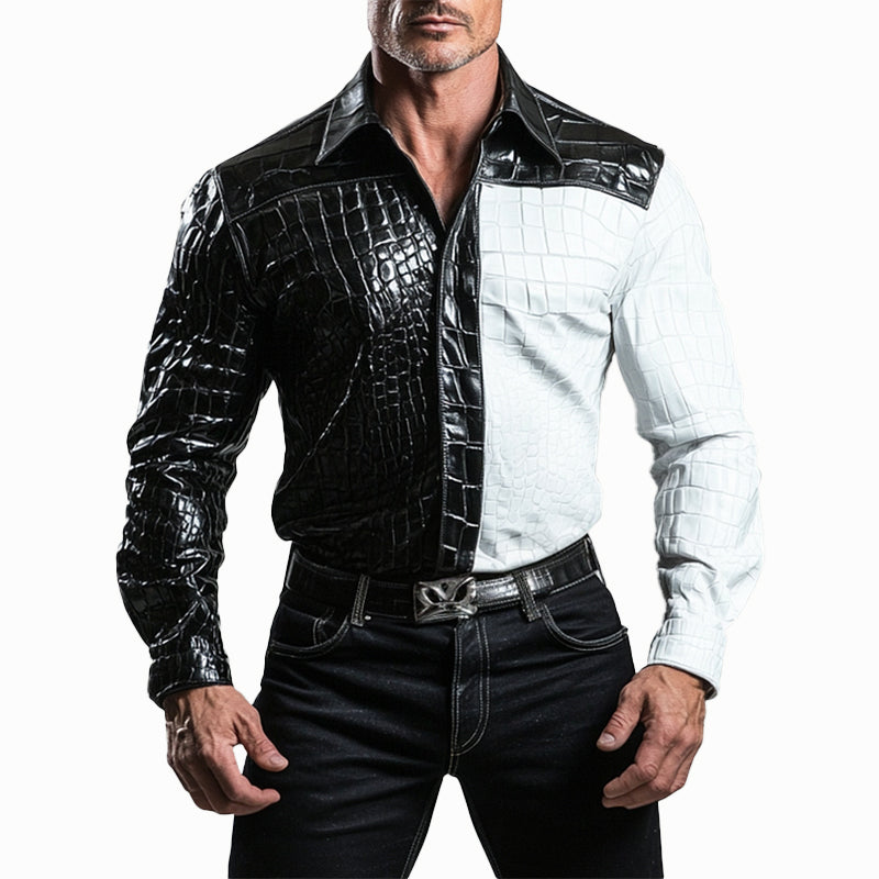 Men's Contrast Color Crocodile Pattern PU Leather Button Long Sleeve Shirt 9906596413624