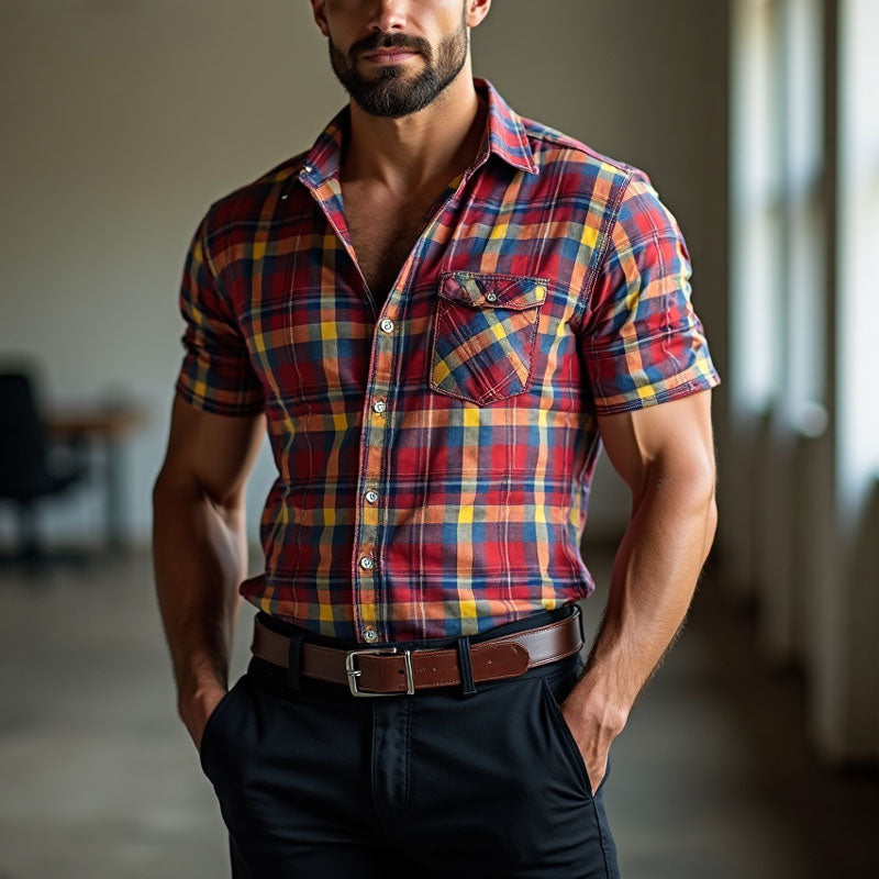 Men's Plaid Pattern Short Sleeve Chest Pocket Lapel Shirt 250700079