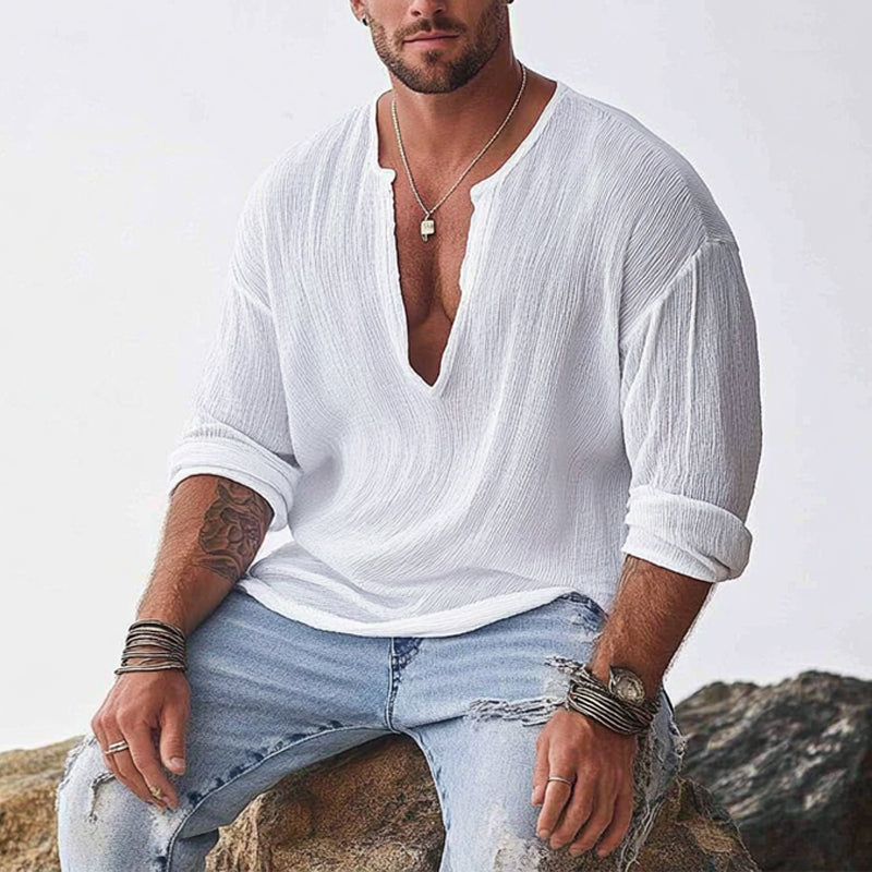 Men's Loose V-neck Long Sleeve T-shirt 9909011677368
