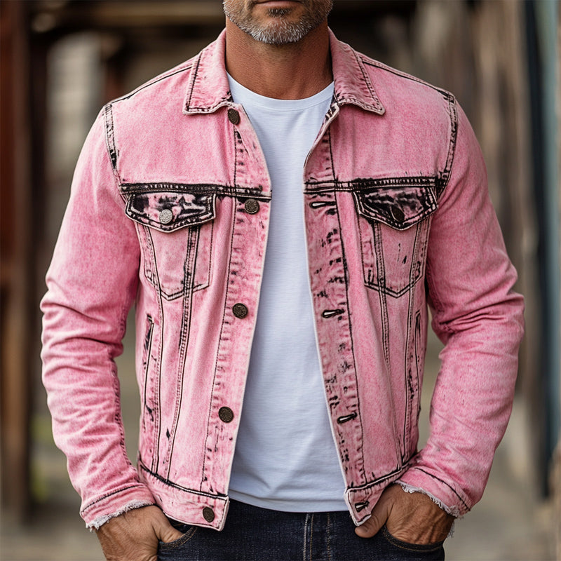 Men's Vintage Pink Tie Dye Slim Fit Denim Jacket 9911547822264