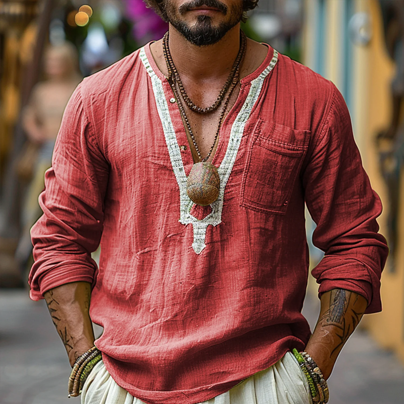 Men's Ethnic Style V Neck Long Sleeve Cotton And Linen Loose Shirt 9899715363000