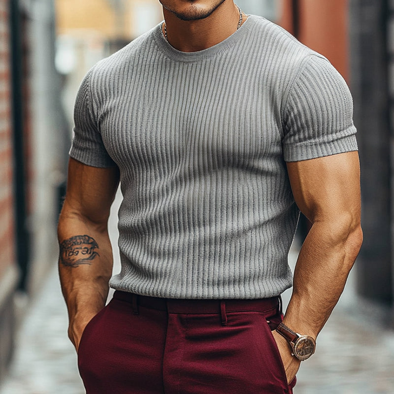 Men's Retro Casual Solid Color Striped Round Neck Short Sleeve T-Shirt 9903252799672