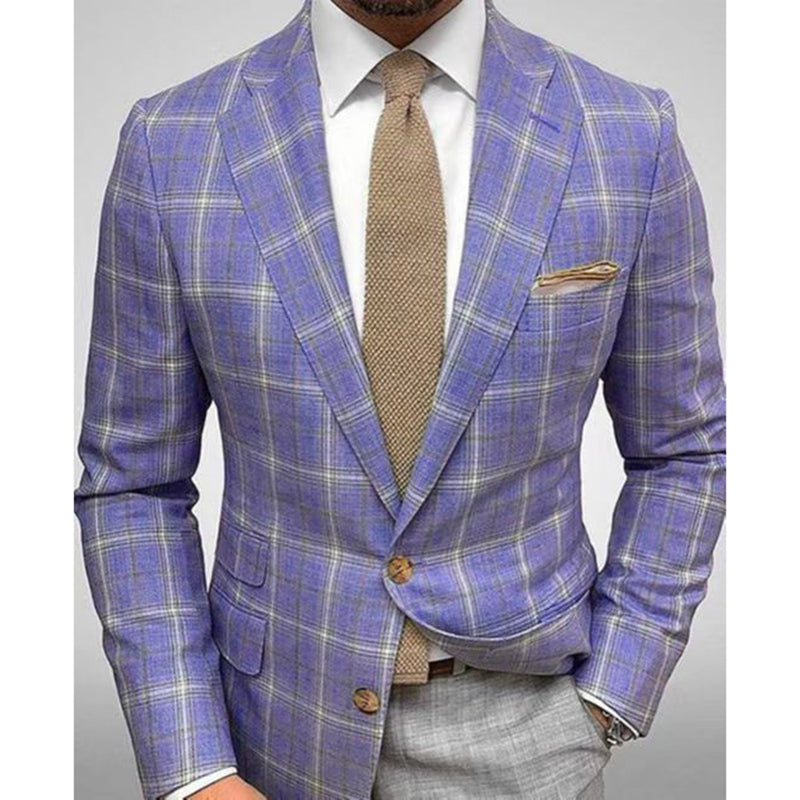 Business Plaid Lapel Collar Two Buttons Long Sleeve Blazer 9888555925688