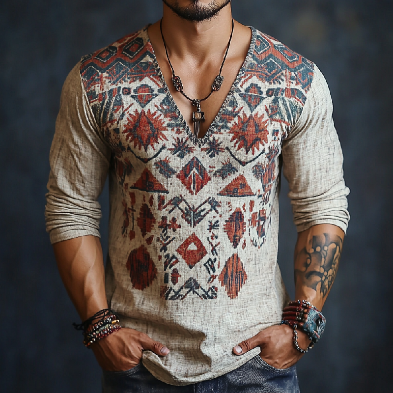 Men's Casual V-neck Printed Cotton Long Sleeve T-shirt 9902010663096