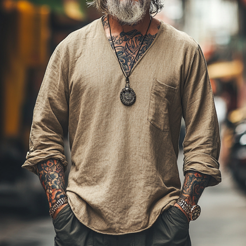 Men's Vintage Casual V-Neck Blended Long Sleeve T-Shirt 9905397203128