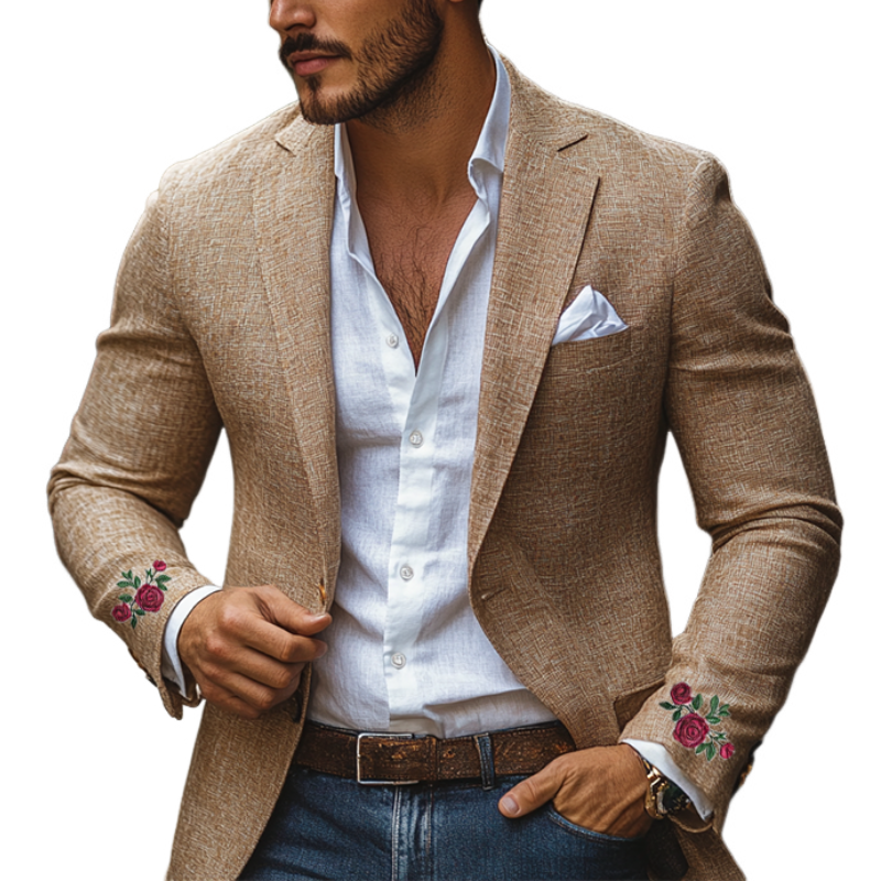 Men's Casual Cuff Rose Embroidery Single-breasted Linen Blazer 9892392042680