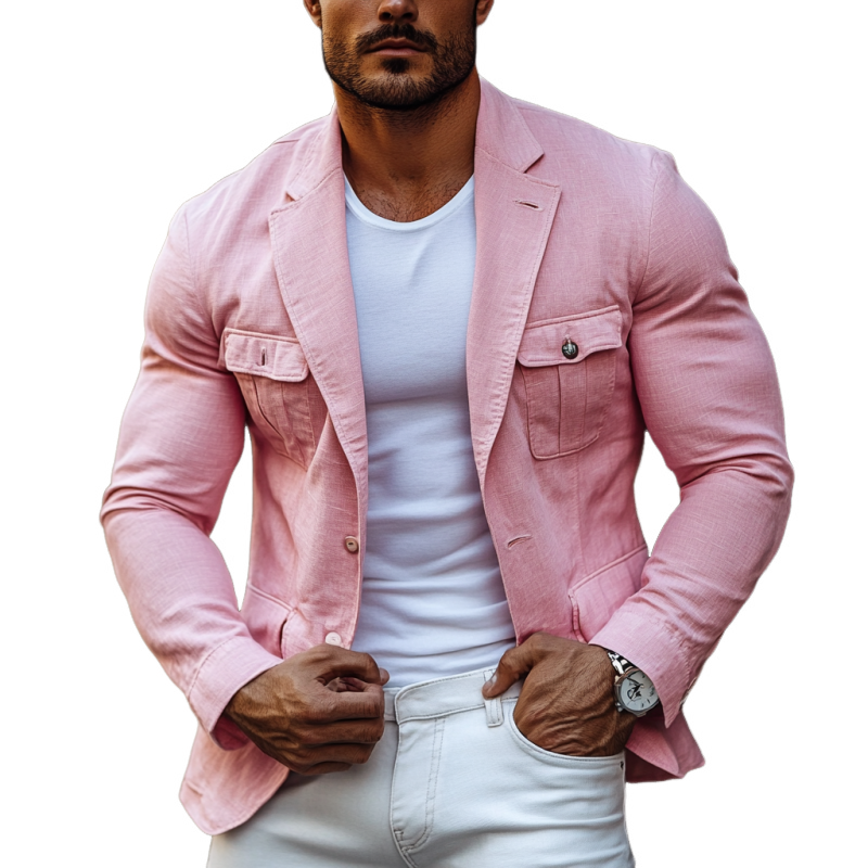 Men's Fashion Cotton and Linen Single Button Lapel Safari Jacket Blazer 9894195527864