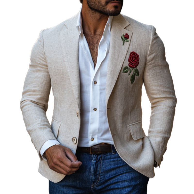 Men's Casual Slim Fit Rose Embroidered Linen Blazer 9892391944376