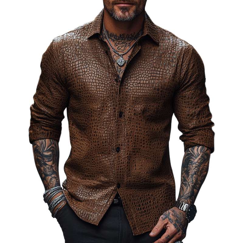 Men's Retro Slim Fit Crocodile Print Leather Long Sleeve Shirt 9901319356600