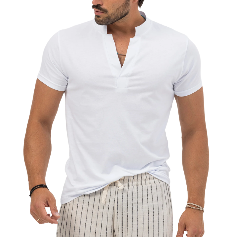 Men's Solid Collar Cotton Stand Collar Short Sleeve T-shirt 9918990483640