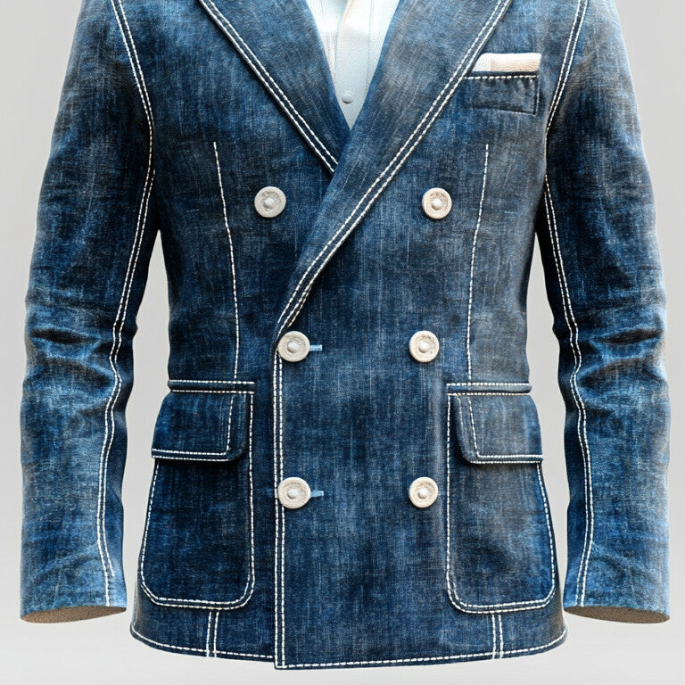 Men's Peak Lapel Double Breasted Denim Contrast Stitch Blazer 9951401181368