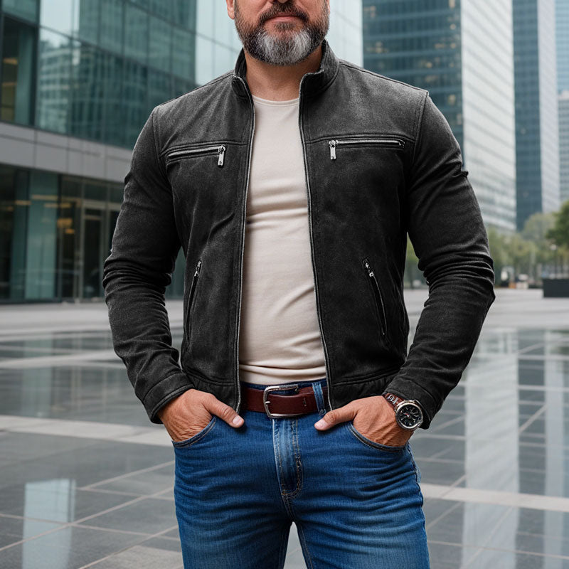 Men's Classic Casual Slim Fit Zipper Multi-Pocket Stand Collar Suede Jacket 9261089063096