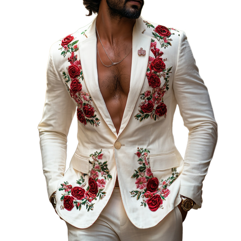Men's Vintage Casual Rose Embroidered Blazer 9904628334776