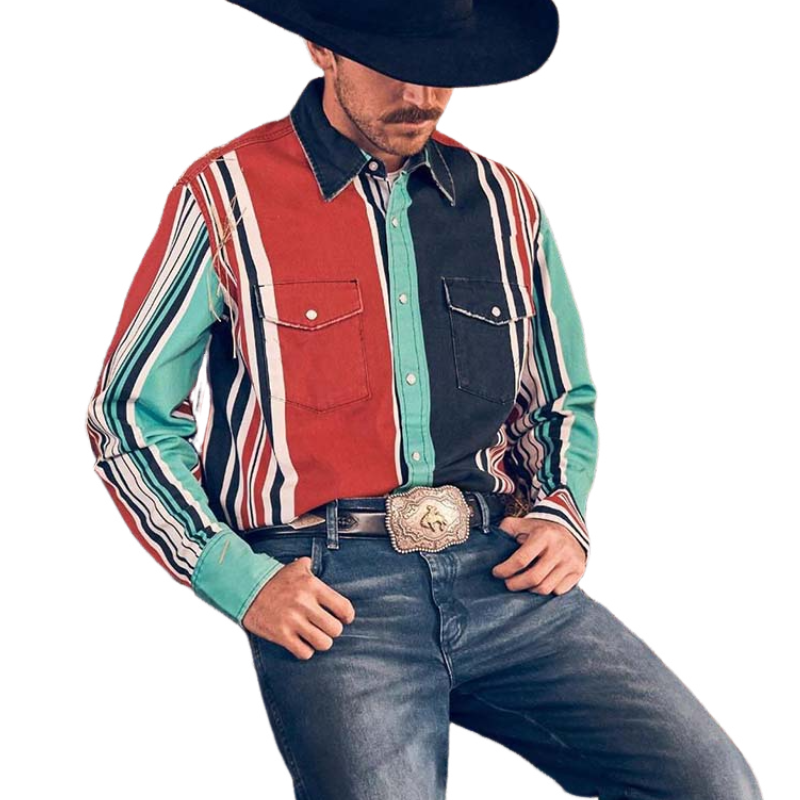Men's Retro Casual Western Style Vertical Striped Long Sleeve Shirt 9903260729528