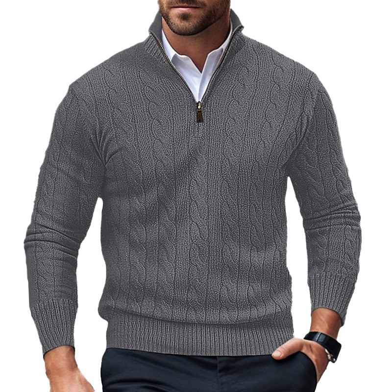 Men's Daily Stand Collar Half Zip Cable Knit Long Sleeve Sweater 9888556712120