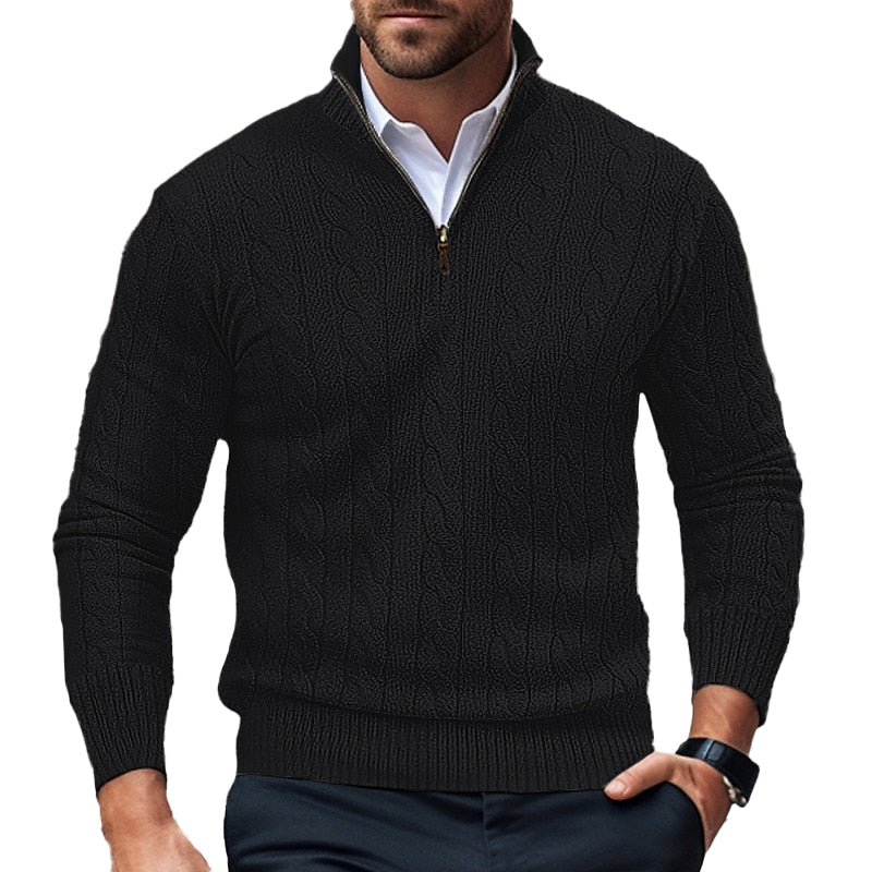 Men's Daily Stand Collar Half Zip Cable Knit Long Sleeve Sweater 9888556712120
