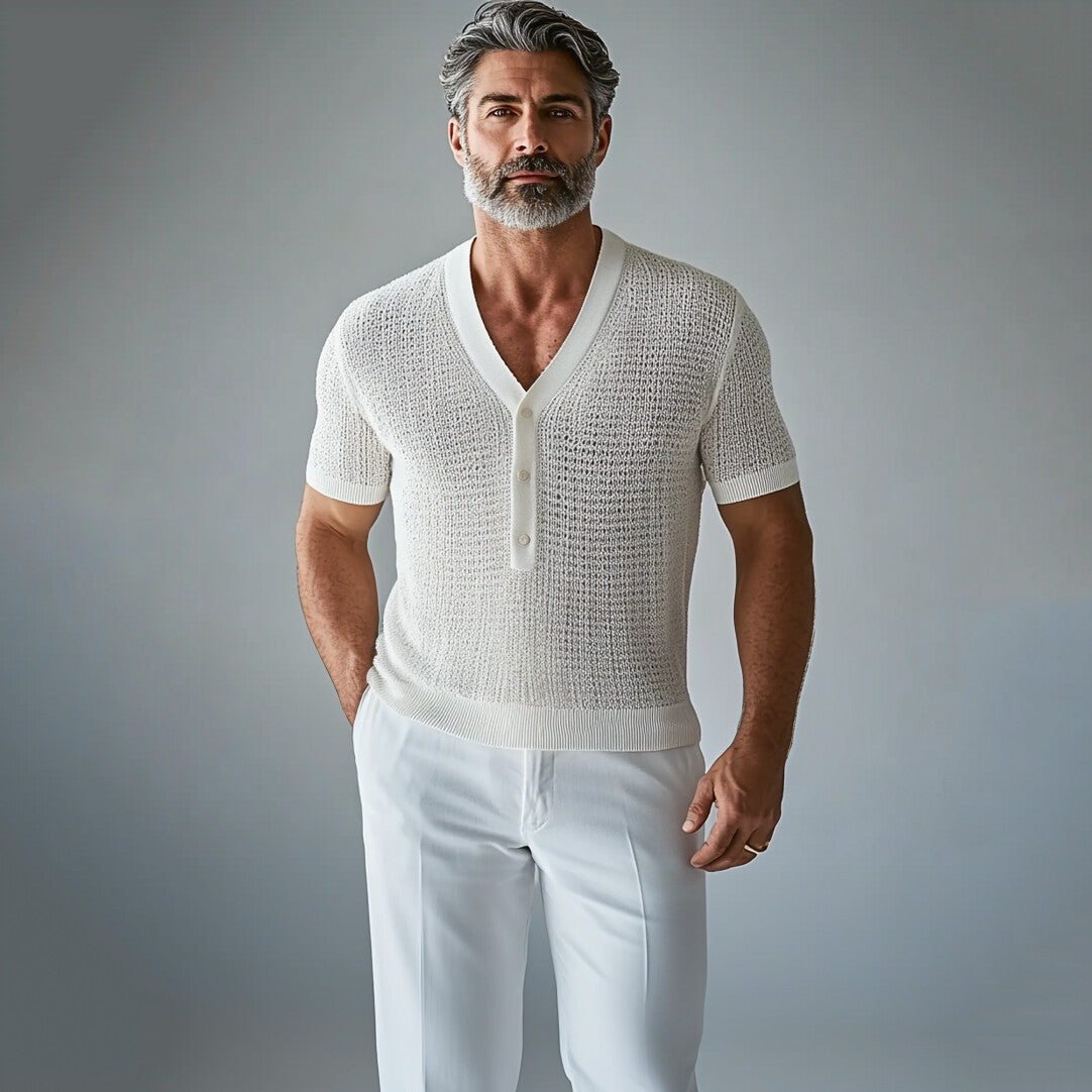 Men's V Neck Half Button Short Sleeve Hollow Knitted Shirt 9951401279672