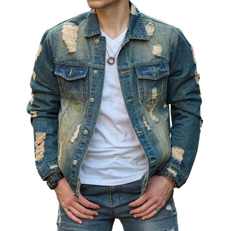 Men's Vintage Ripped Lapel Denim Jacket 9899737415864