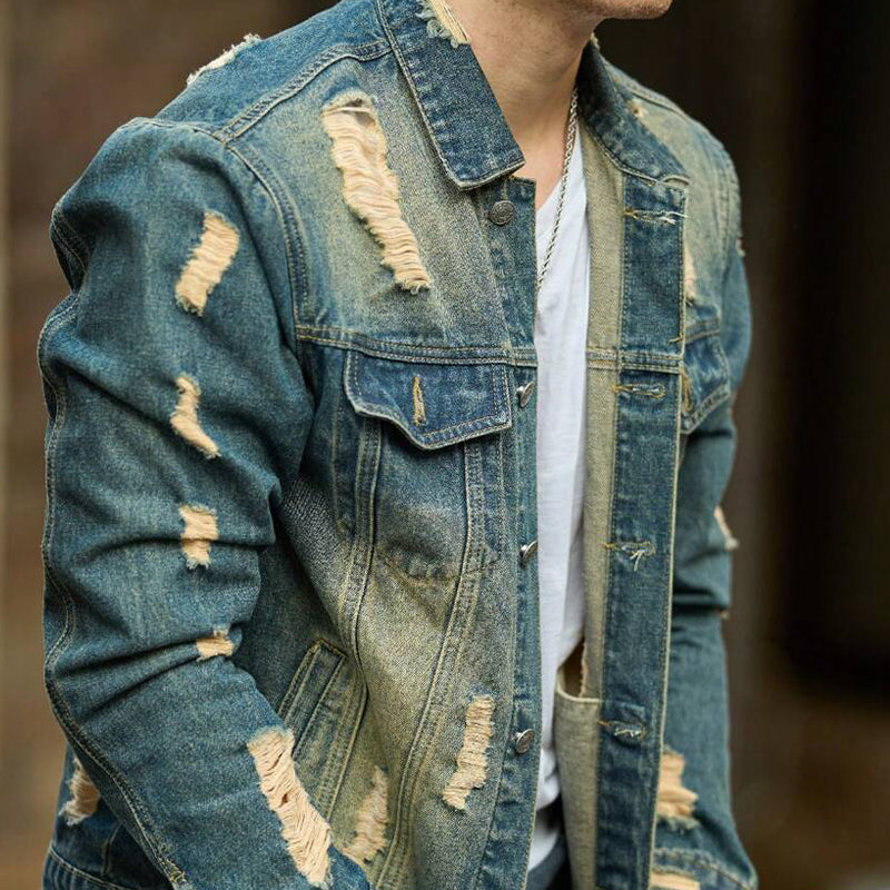 Men's Vintage Ripped Lapel Denim Jacket 9899737415864