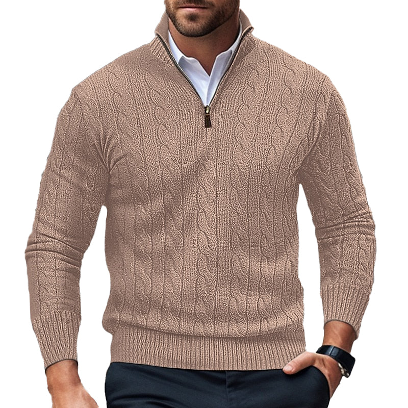 Men's Daily Stand Collar Half Zip Cable Knit Long Sleeve Sweater 9888556712120