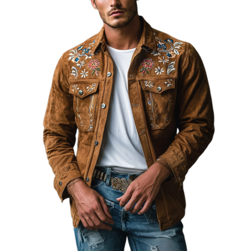 Men's Classic Casual Embroidered Suede Slim Fit Long Sleeve Western Shirt 9903259058360