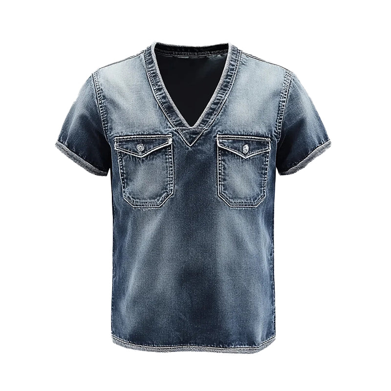 Men's Faded Denim Chest Pocket V Neck Short Sleeve T-Shirt 9913235865784