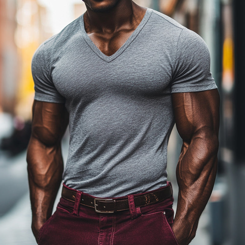 Men's Retro Casual Mixed Color Slim V-Neck Short Sleeve T-Shirt 9903252570296