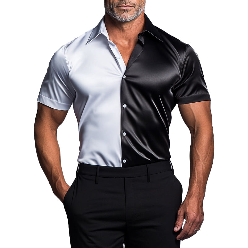 Men's Business Satin Colorblock Turndown Collar Button Short Sleeve Shirt 9899606507704