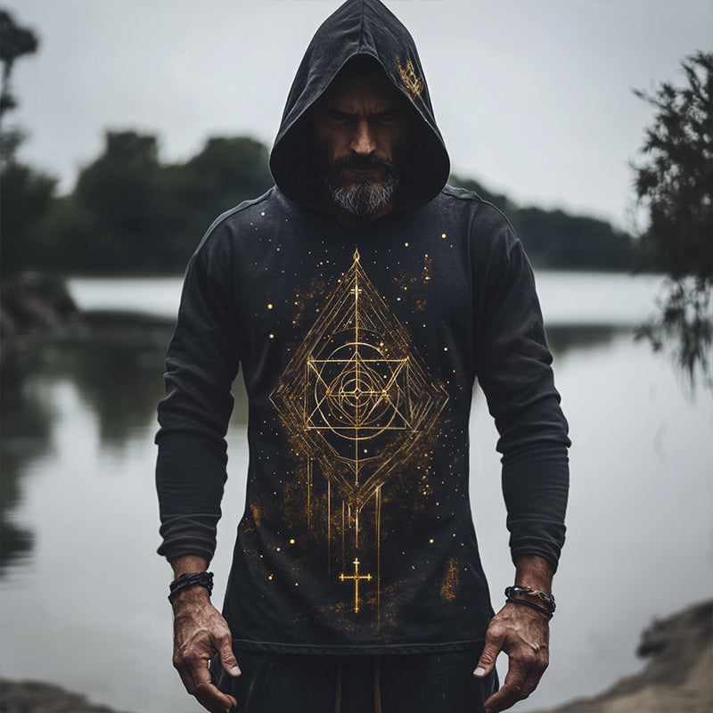 Men's Retro Casual Ethnic Style Geometric Printed Hooded Long Sleeve T-Shirt 9899720081592