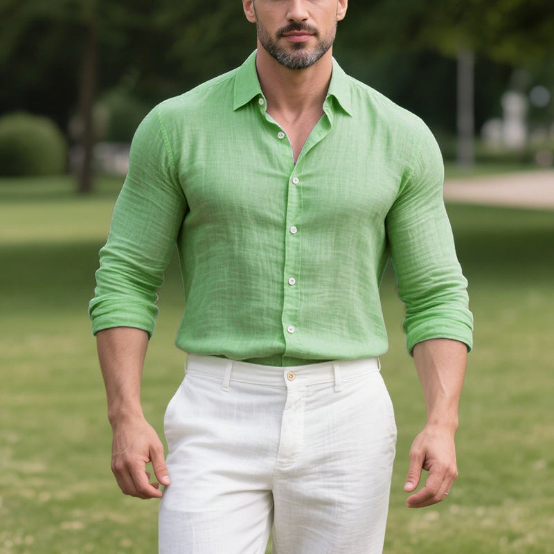 Men's Cotton and Linen Casual Solid Color Lapel Shirt 9261774962872