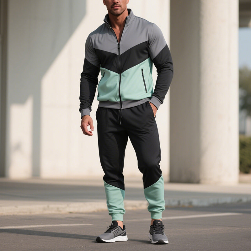 Men's Colorblock Long Sleeve Zipper Jacket And Pants Two-Piece Set 250500115