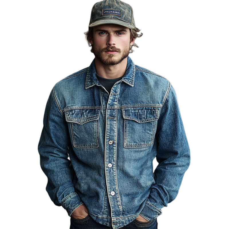 Men's Vintage Washed Blue Denim Jacket 9899737940152