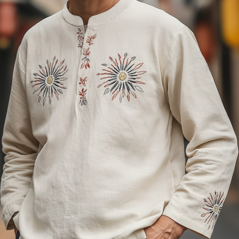 Men's Vintage Casual Cotton and Linen Blended Embroidered V-Neck Long Sleeve T-Shirt 9911545856184