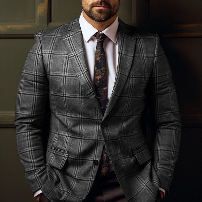 Men's Business Casual Plaid Lapel Collar Two Button Chest Pocket Blazer 9888555270328