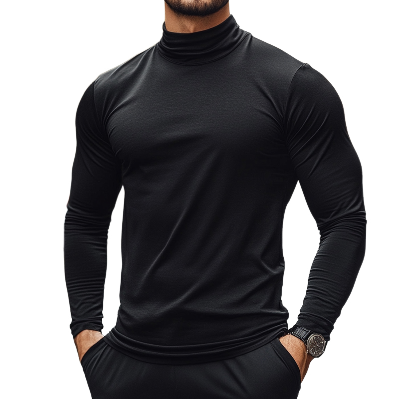 Men's Retro Casual Solid Color High Neck Long Sleeve T-Shirt 9903253029048