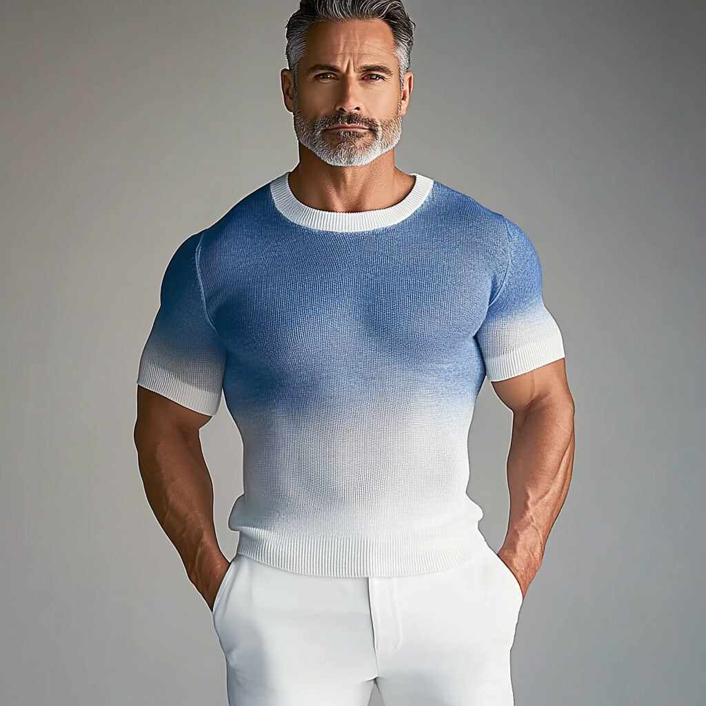 Men's Crew Neck Short Sleeve Gradient Knitted T-Shirt 9903586672824
