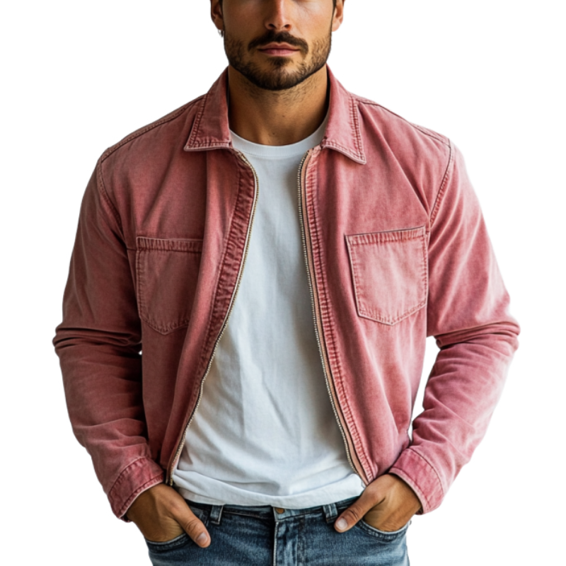 Men's Fashion Washed Zipper Lapel Denim Jacket 9899721359544